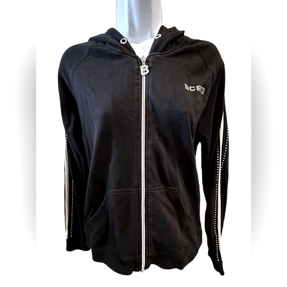 BCBG Hooded Zippered Sweatshirt Lack With White Trim and Bling Logo Size Large